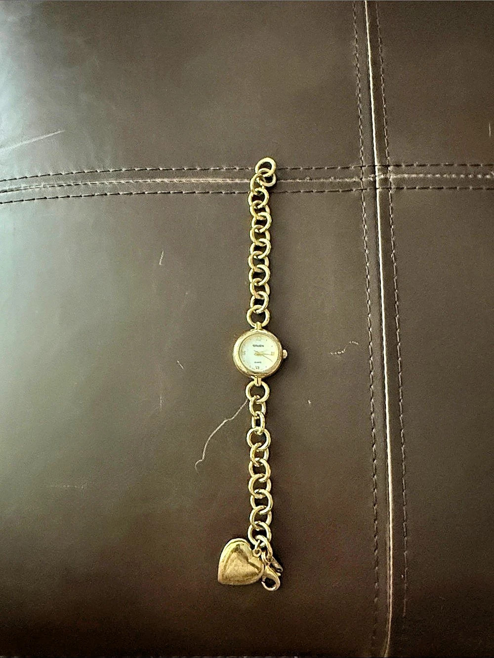 Gruen GR8061 Gold-Tone Chain Watch with Heart Charm
